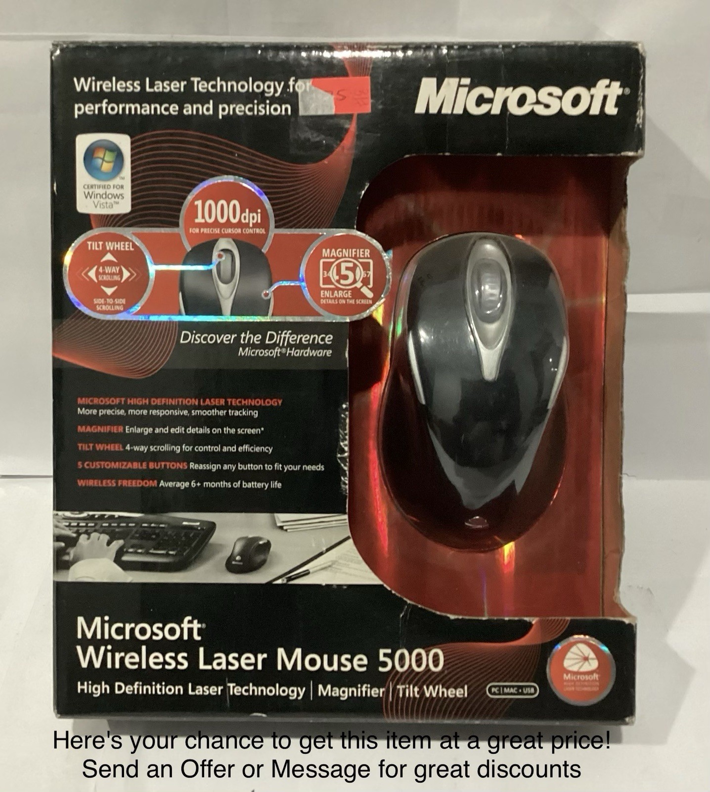 Microsoft Wireless Laser Mouse 5000 Black USB Receiver 1000 DPI