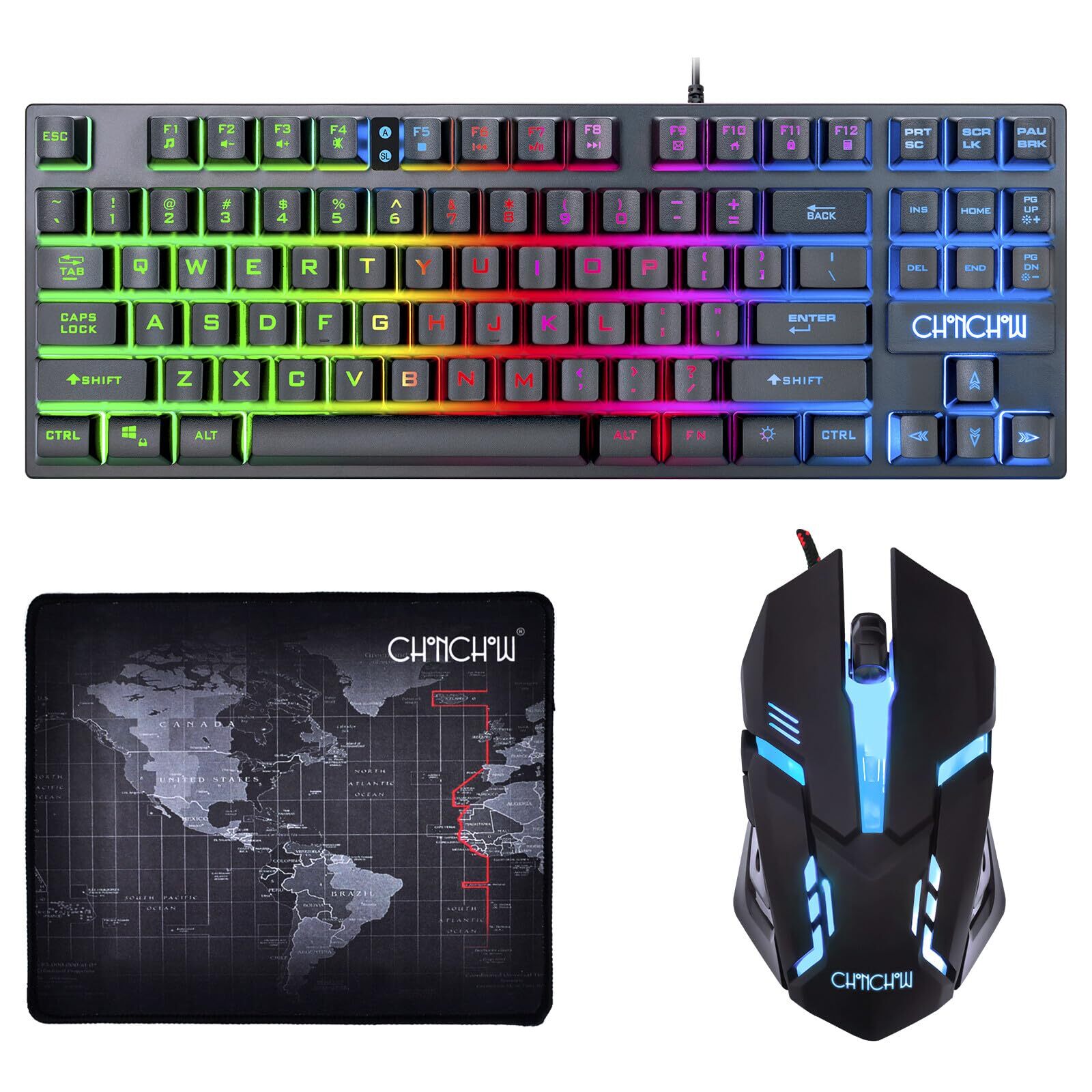 CHONCHOW 87 Keys TKL Gaming Keyboard and Mouse Combo Wired LED Rainbow Backli...