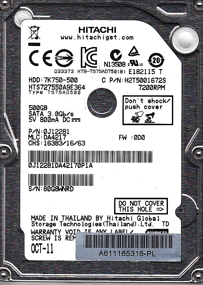 Hitachi HTS727550A9E364 pn: 0J12281 mlc: DA4217 500GB 2.5 SATA 7425
