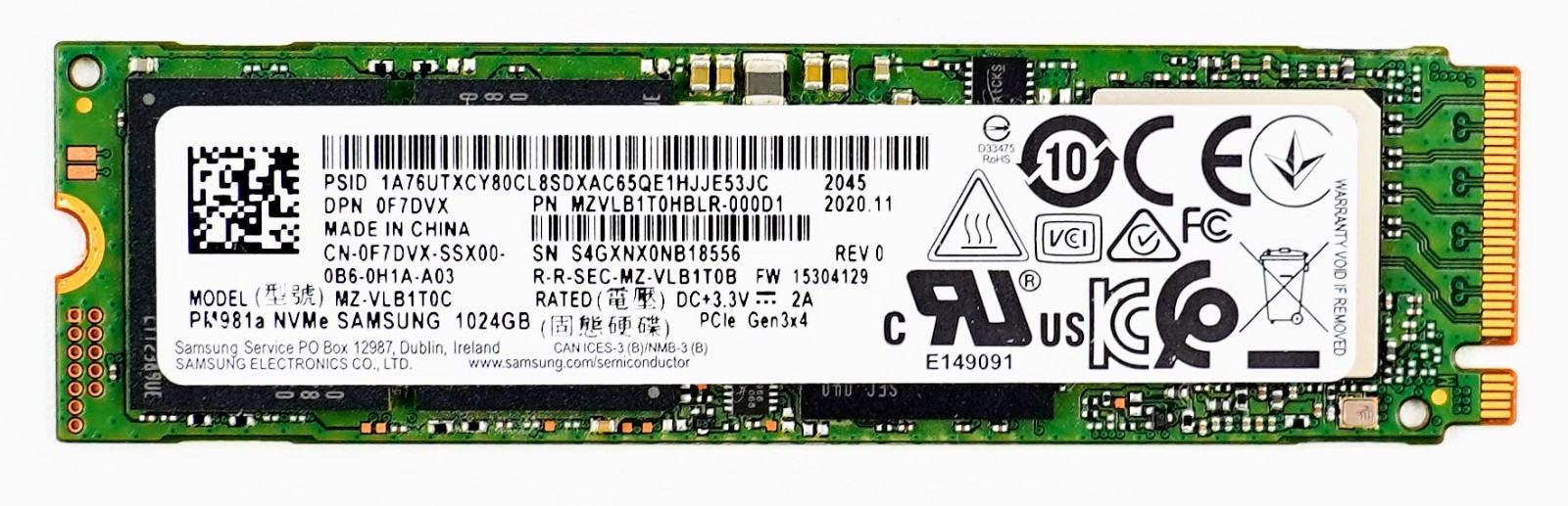 Samsung 1TB PM981a M.2 PCIe NVMe 2280 Gen3x4 Dell F7DVX MZVLB1T0HBLR