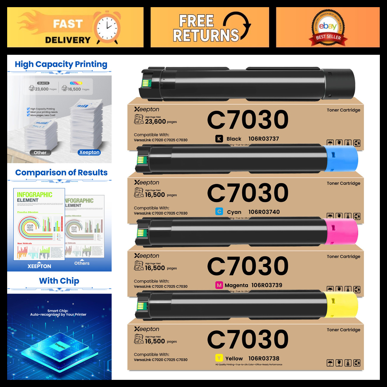 High-Yield Toner Cartridge 4-Pack for 106R03737 106R03740 106R03739 106R03738