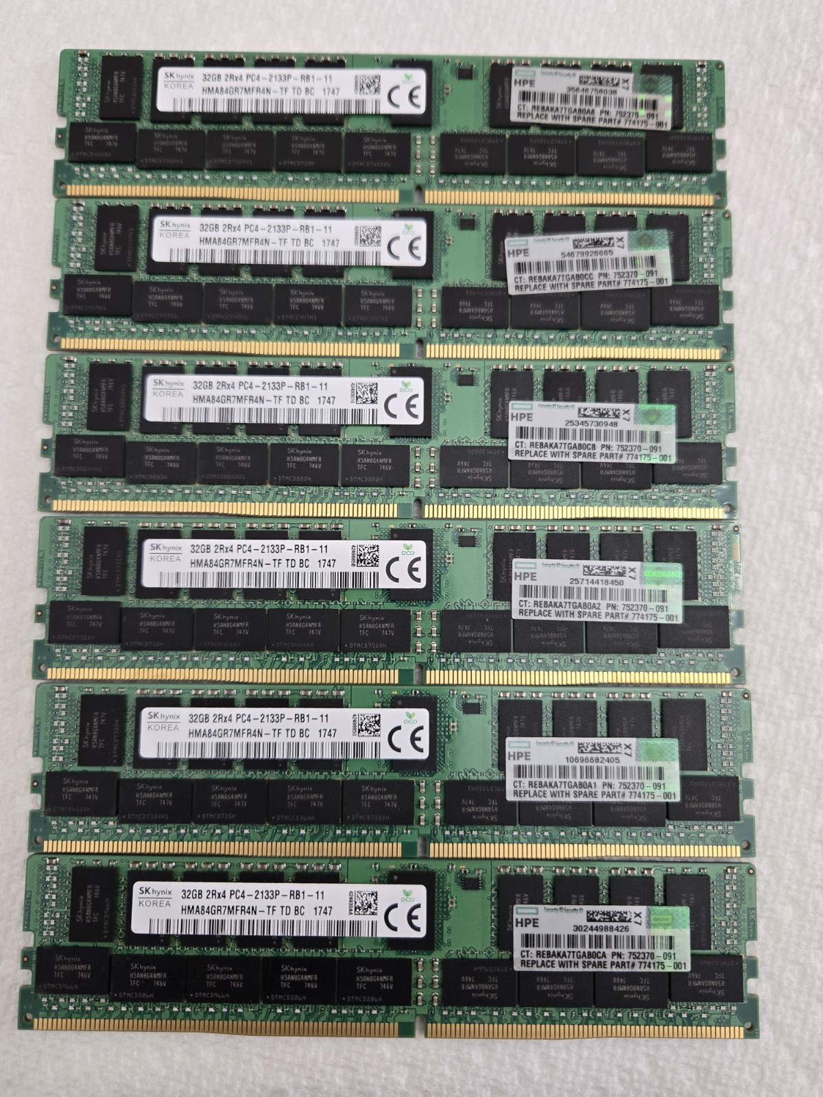 Lot of 6 SK hynix 32GB 2Rx4 PC4-2133P Server RAM. May have damage, not tested.