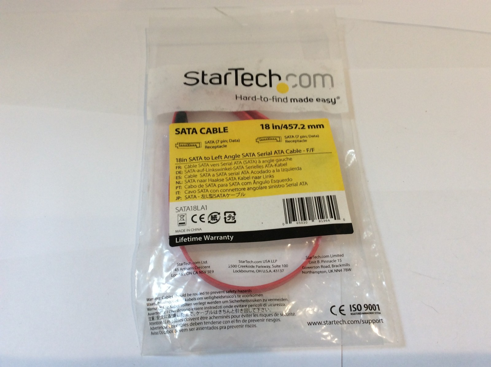 StarTech.com 18in SATA to Left Angle SATA Serial ATA Cable 18" F/F
