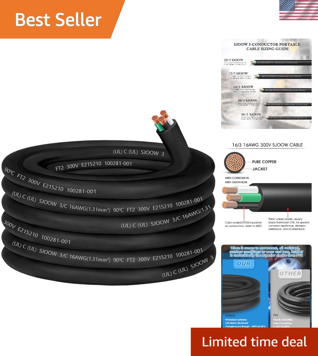 Durable 50ft 16 Gauge SJOOW Cable - Reliable Power Supply for HVAC & More