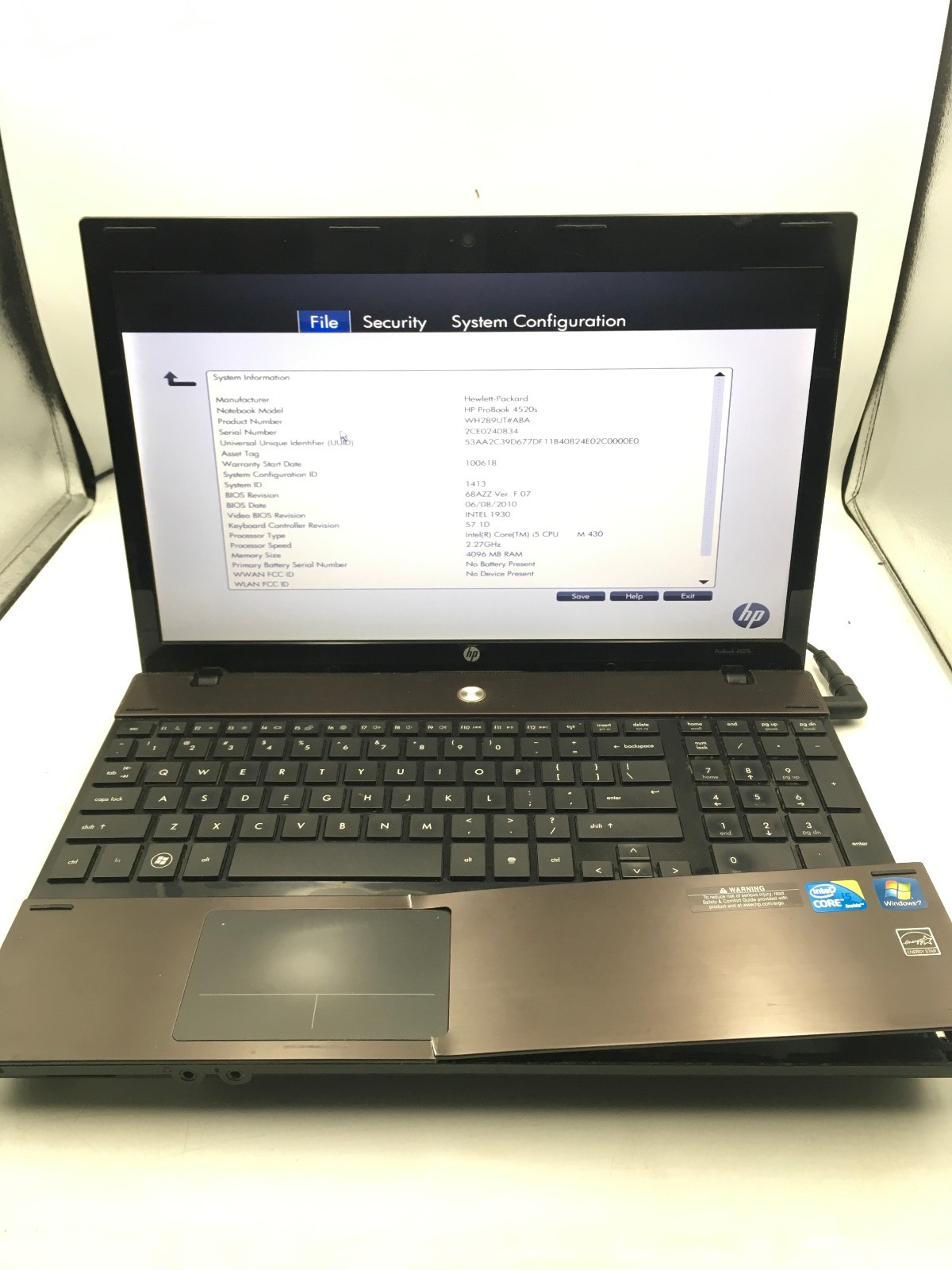 HP PROBOOK 4520S - BOOTS TO BIOS - INTEL I5 M430 - 4GB RAM - 15" - READ DESC -BB