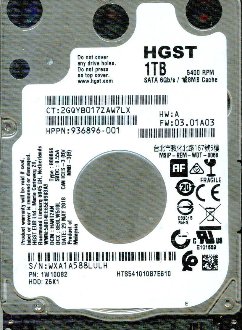 HTS541010B7E610  P/N: 1W10082  DCM: HANT2AN  FW: 03.01A03 HGST SATA 1TB WXA1