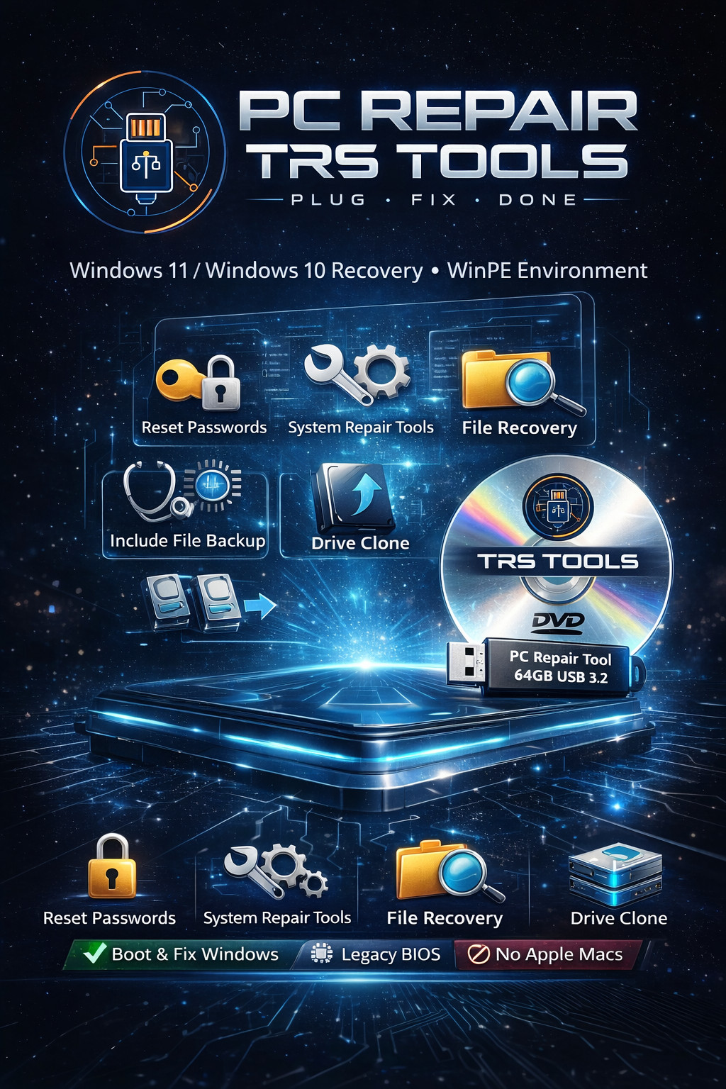 TRS Tools Prepared USB & DVD Media for PC Utility Startup — Physical Item