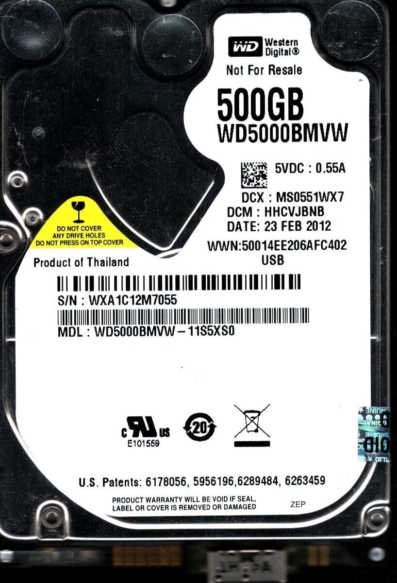 WD5000BMVW-11S5XS0 S/N:WXA1 DCM:HHCVJBNB WESTERN DIGITAL 500GB THAILAND FEB 2012