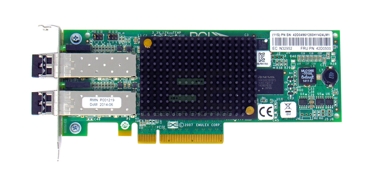 IBM Emulex 8GB Dual Port FC HBA Low Profile LPE12002 42D0500 2 x SFP