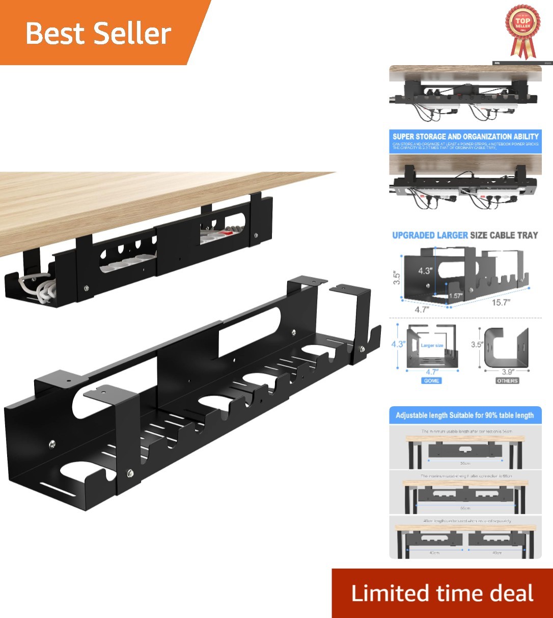 2-Pack Adjustable Under Desk Cable Management Tray for Elegant Organization