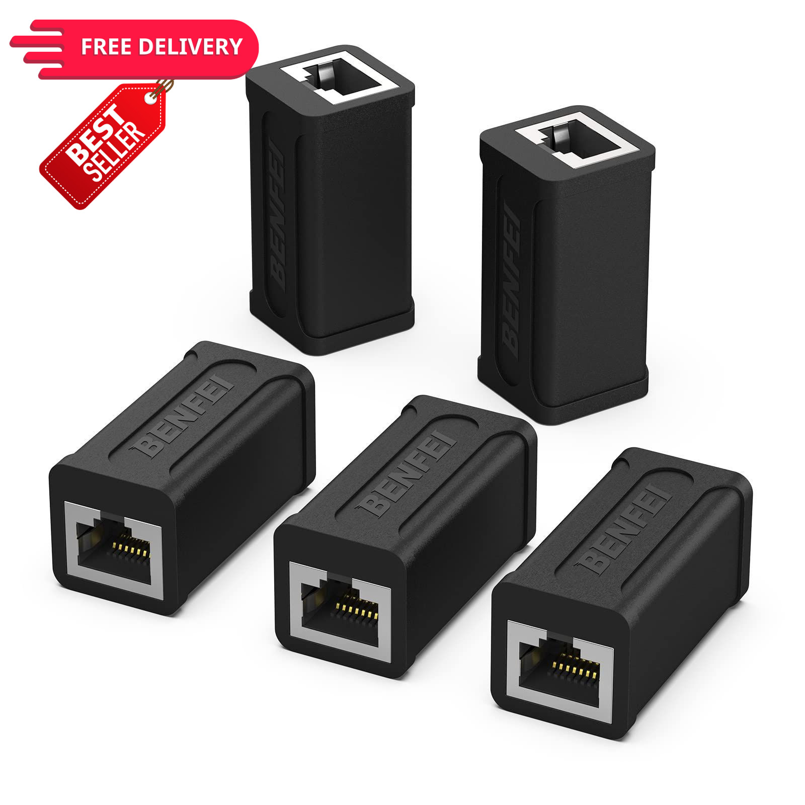 BENFEI RJ45 Inline Coupler, 5 Pack Cat7 Cat6 Cat5e Ethernet 5 packs, Black