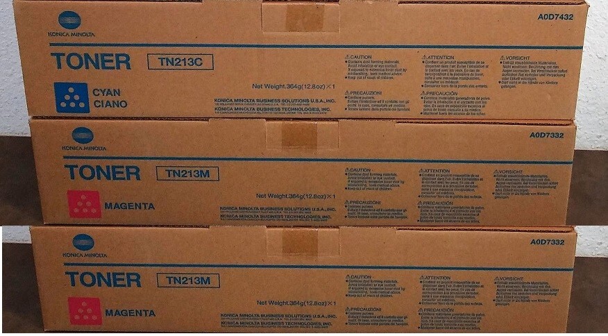 3 Genuine Konica Minolta TN213M Magenta TN213Y Cyan Toner Cartridges OPEN BOX