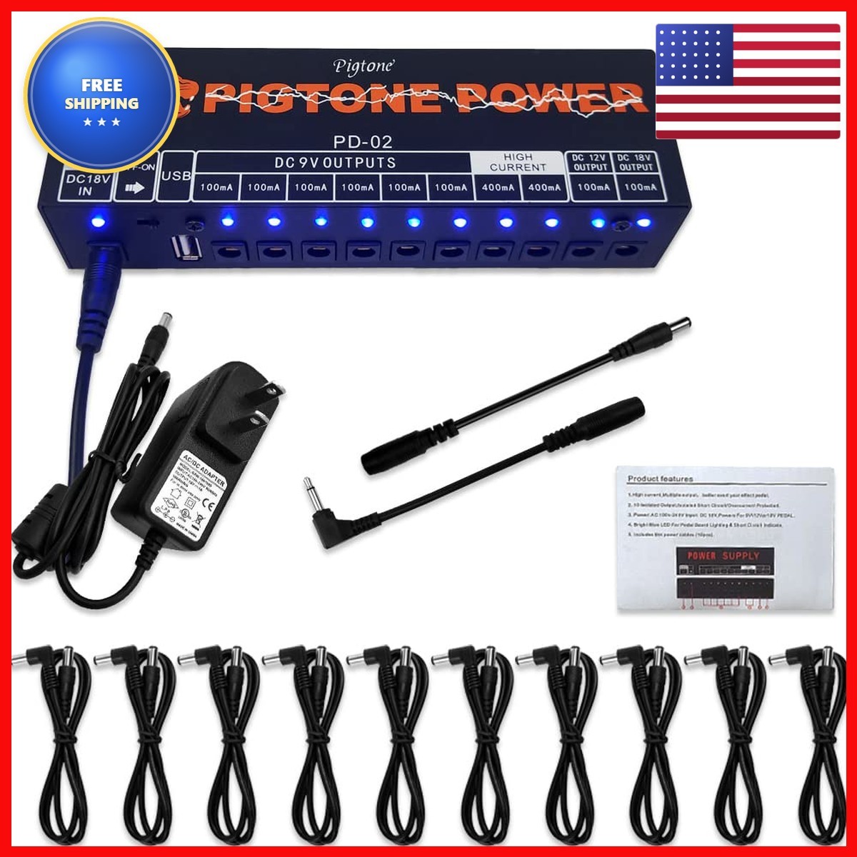 pigtone PD-02 10 DC Outputs Power Supply for 9V 12V 18V Guitar Effects Pedals