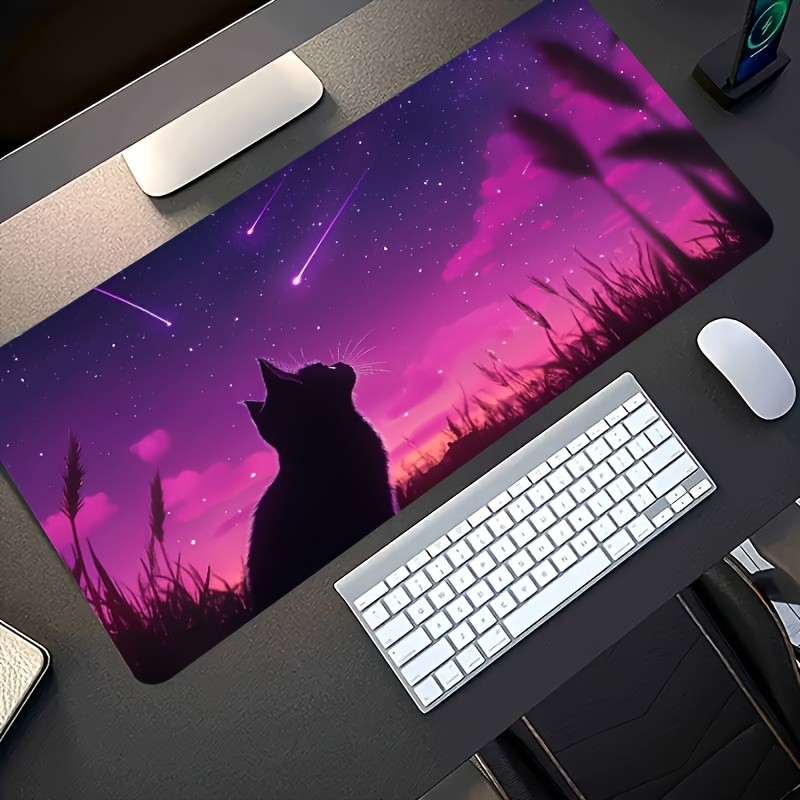 1pc Large Size Esports Gaming Mouse Pad, Purple Night Cat Meteor Grassland Pat
