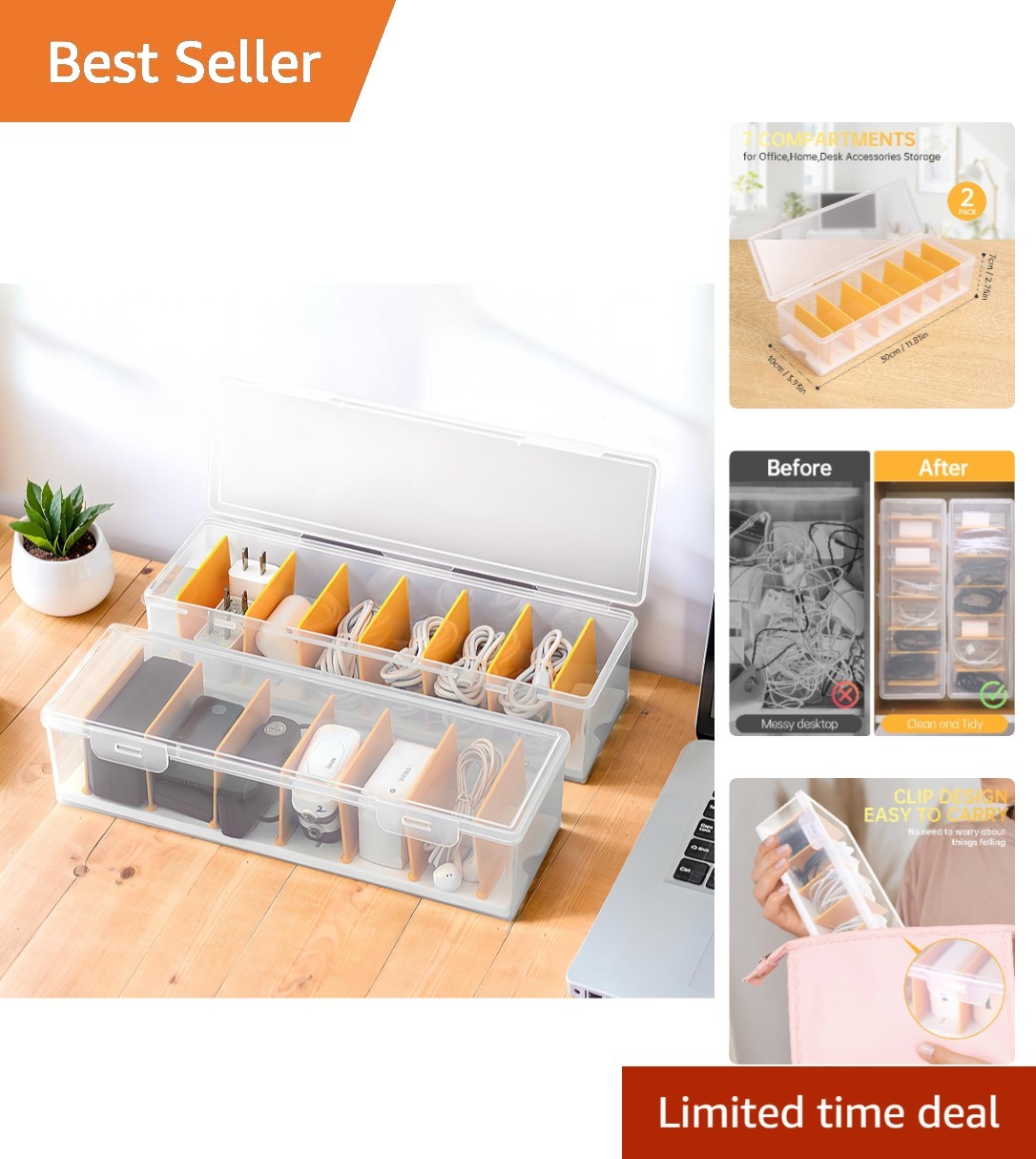 Space-Saving Clear Cable Storage Box - 6 Compartment Organizer for Cables & More