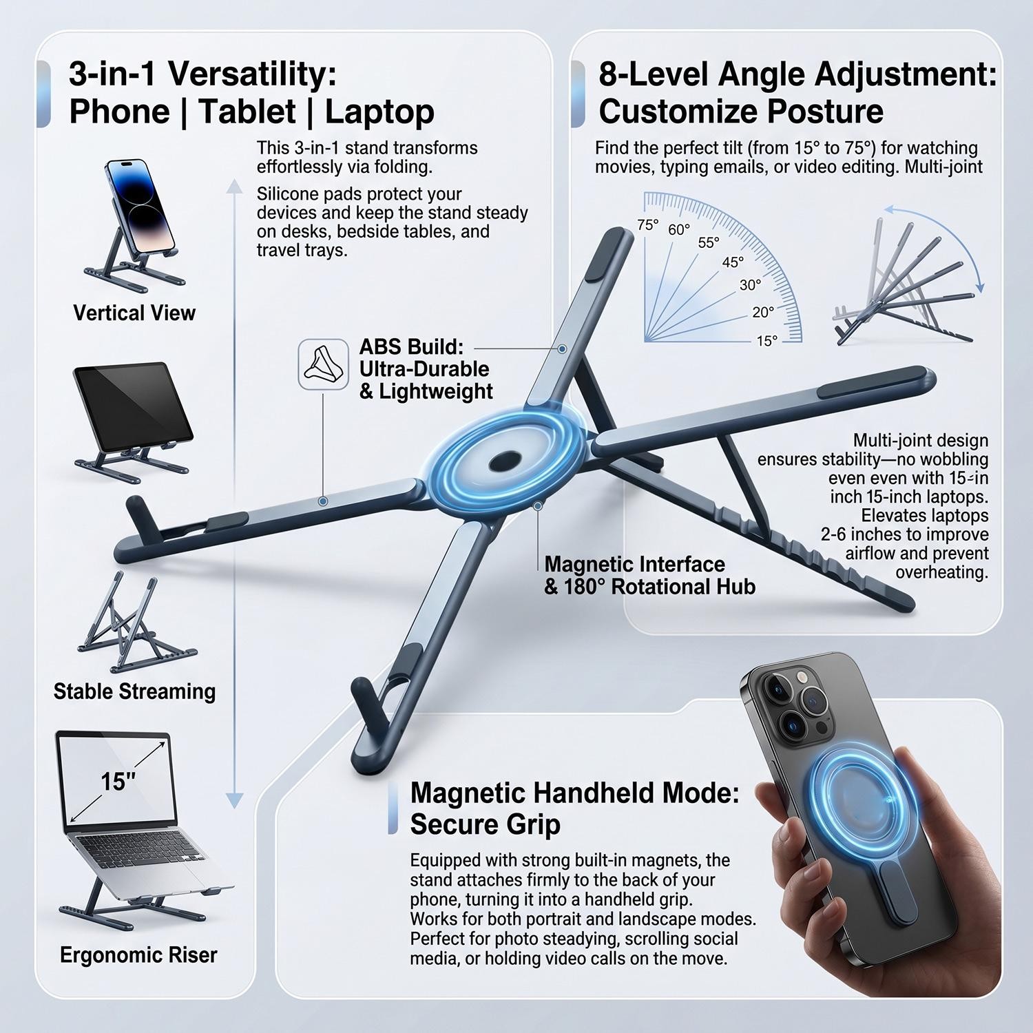 Foldable Magnetic Laptop Stand Abs Plastic Portable Adjustable Stand Heat Dissip