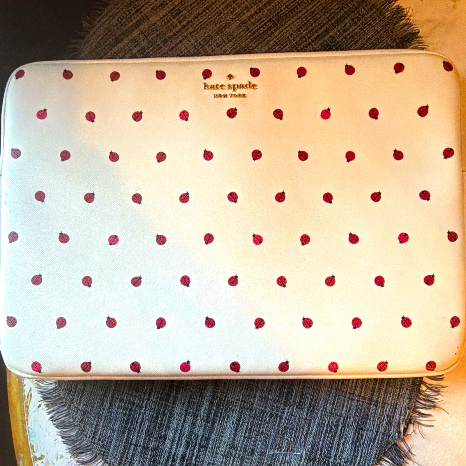 kate spade new york Padded Leather 13in Sleeve Case, Beige/Red Spotted Zip