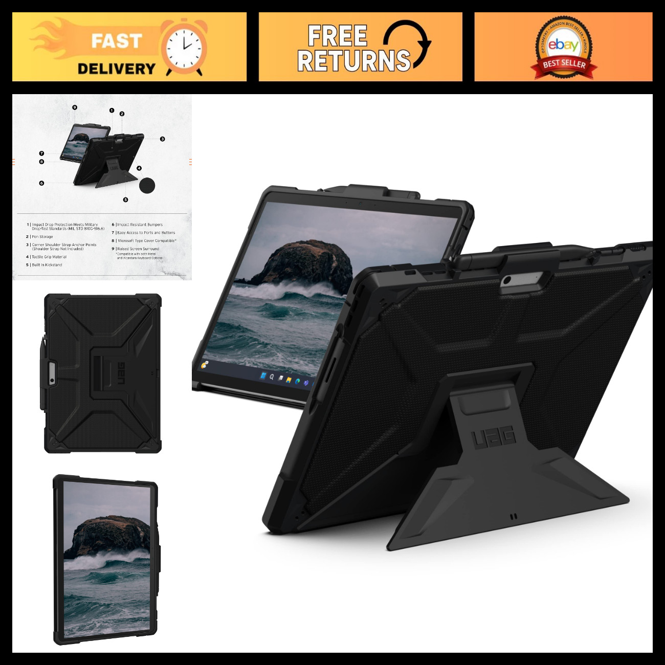 Rugged Black Case for Microsoft Surface Pro 12th Gen - Metropolis Style, Durable