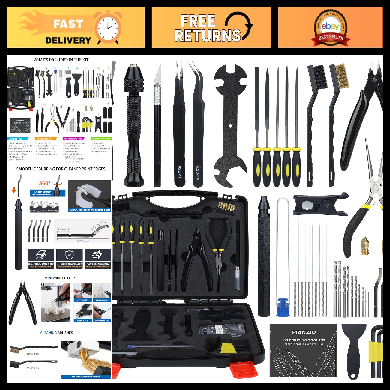61-Piece 3D Printer Tool Kit with Hard Case, Deburring Tool, Craft Knife & More