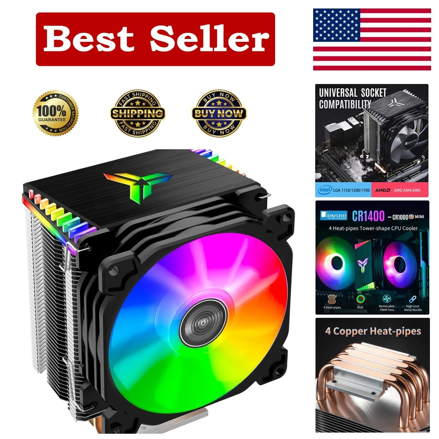 Compact CR1400 RGB CPU Cooler, 4 Heat Pipes, Easy Install for Intel & AMD Gaming