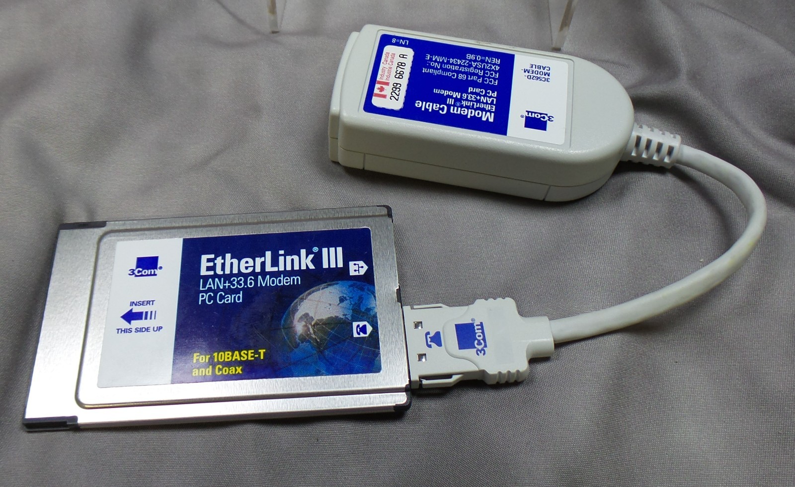 3Com EtherLink III LAN + 33.6 Modem PC Card 3C562D/3C563D Modem Cable 10base-T