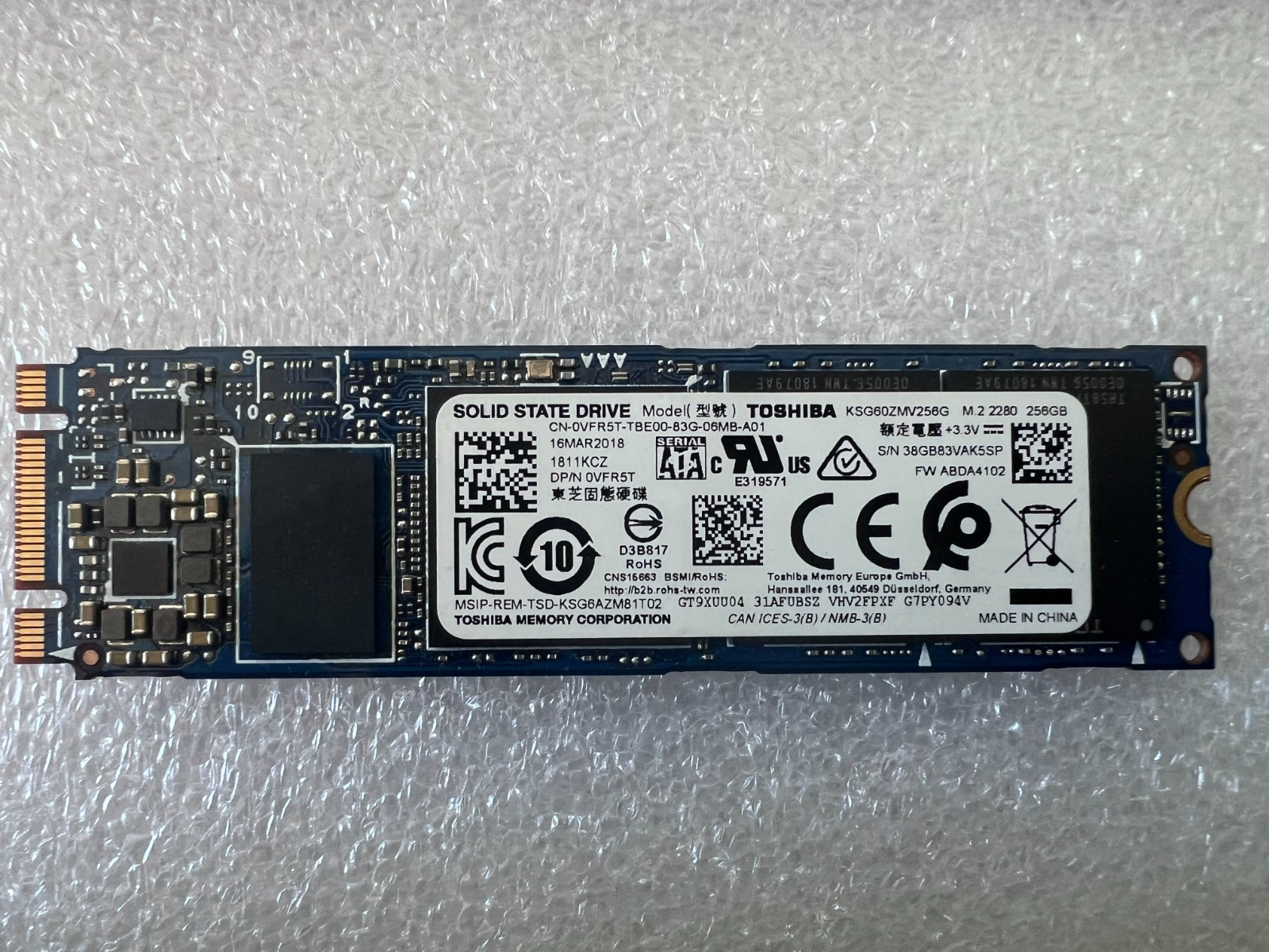 Toshiba KSG60ZMV256G 256GB M.2 2280 SATA SSD Tested 84% Health OEM