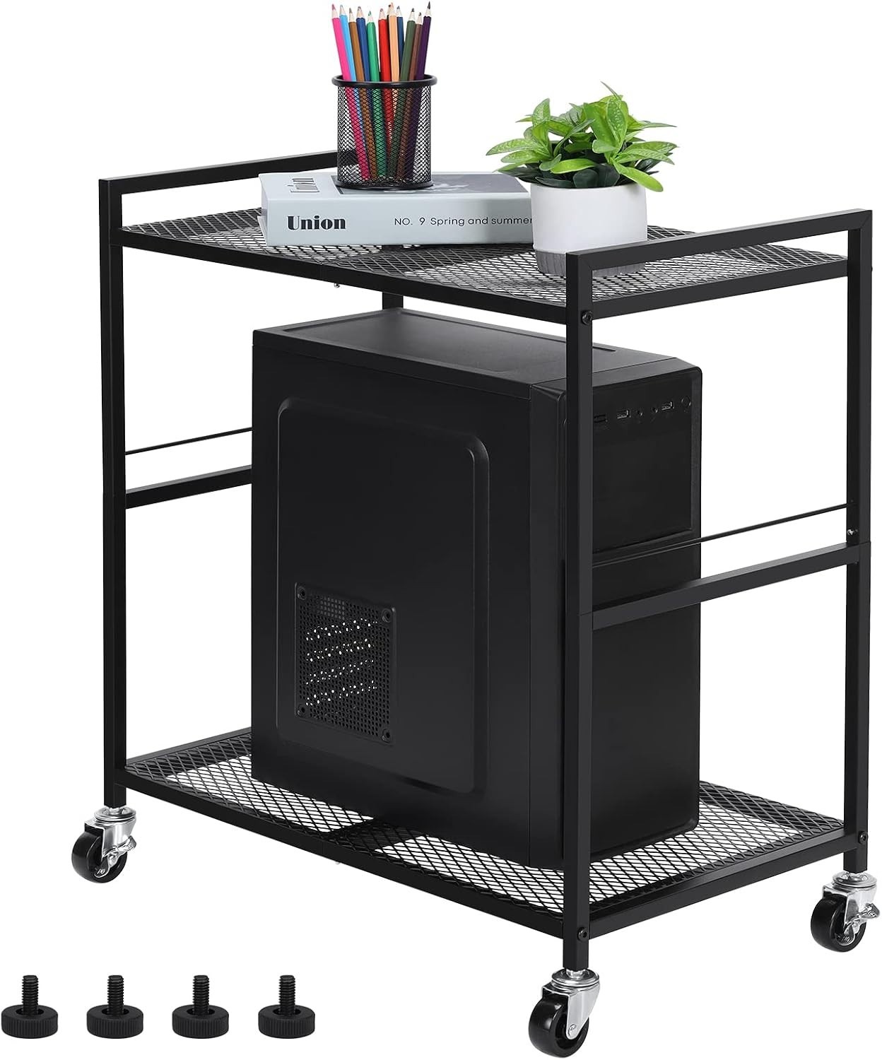Sturdy Black Metal PC Tower Stand with Adjustable Height & Wheels - 25.2 Inches