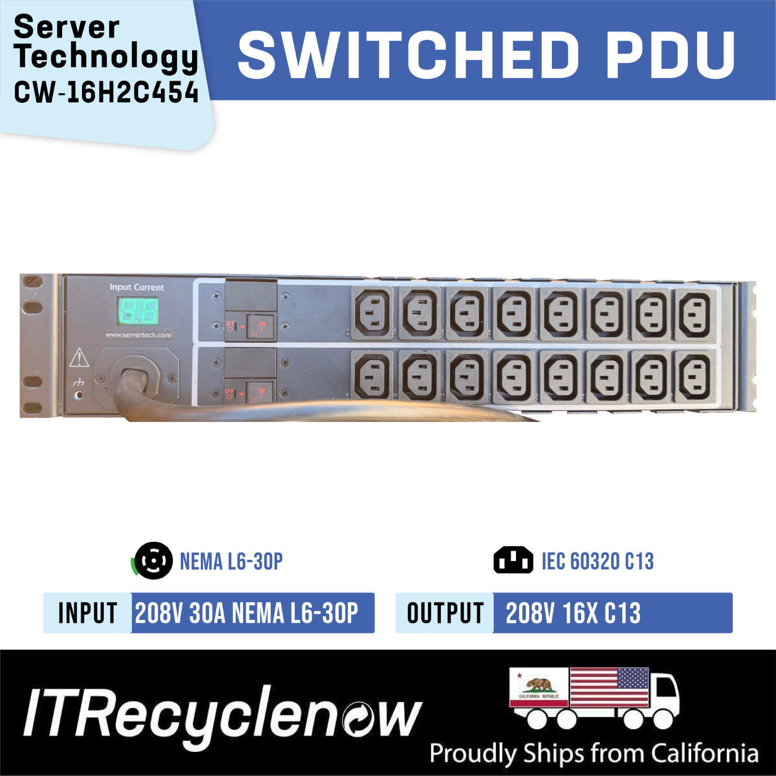 NEMA L6-30P Switched PDU 16x C13 208V 5.0kW Server Technology CW-16H2C454 30A