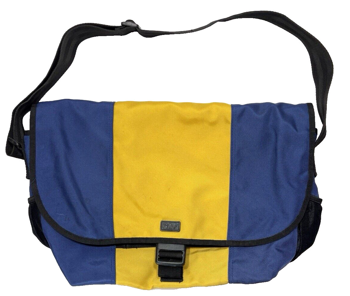 Vtg GAP Large Laptop Crossbody Bag Blue Yellow Nylon 90s Retro Messenger Tote