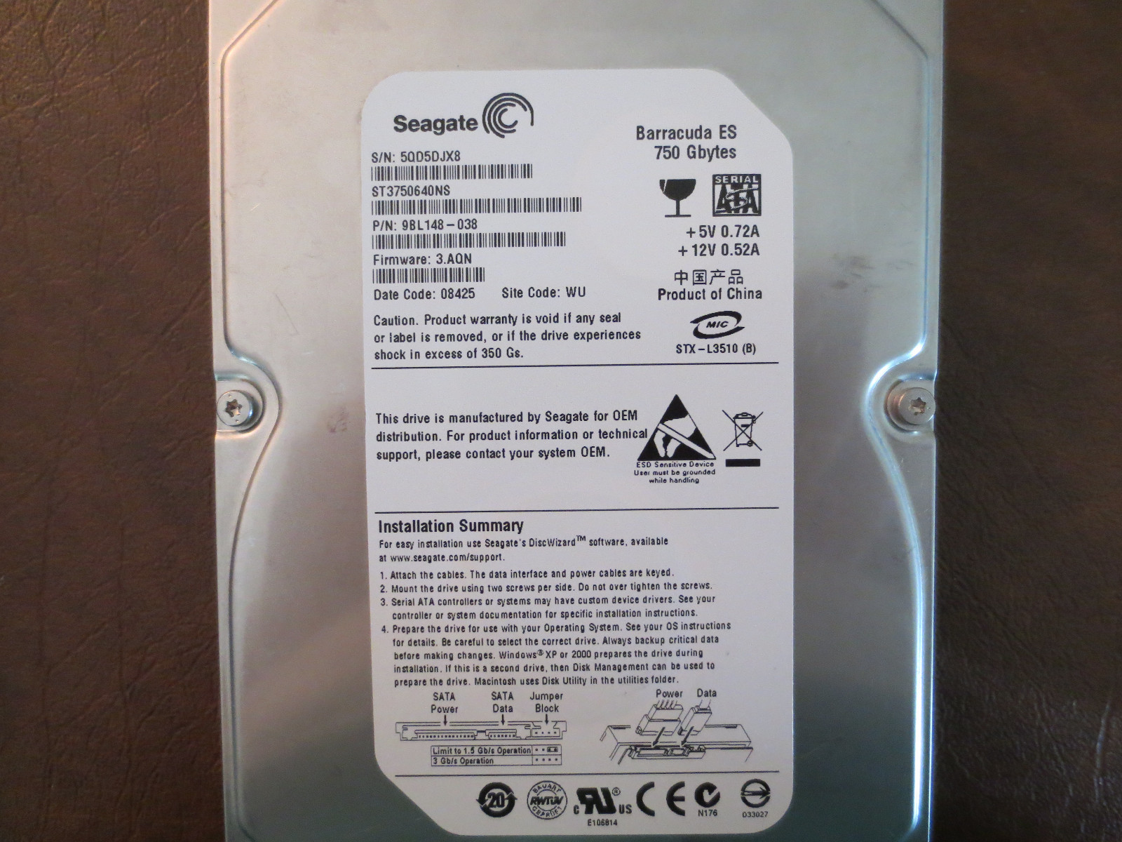 Seagate ST3750640NS 9BL148-038 FW:3.AQN WU 750gb 3.5" Sata HDD