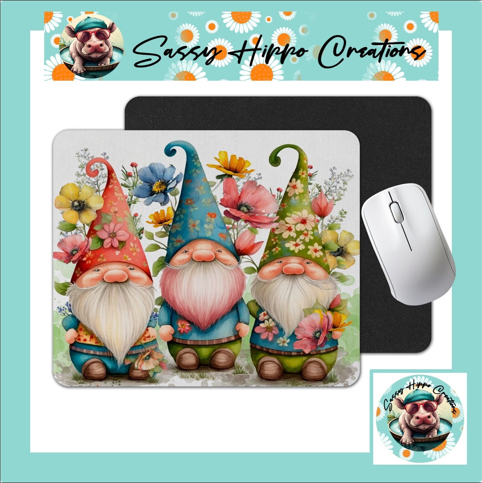 Mouse Pad Gnomes Gnome Trio Flowers Anti Slip Easy Clean Hand Sublimated