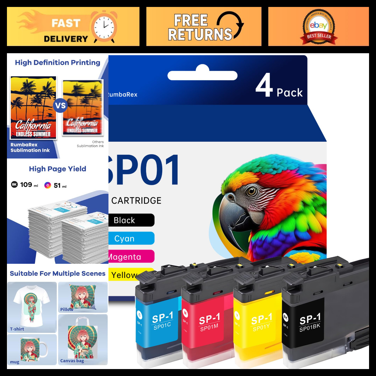 Sublimation Ink Cartridge Set 4-Pack - Black, Cyan, Magenta, Yellow for Printing