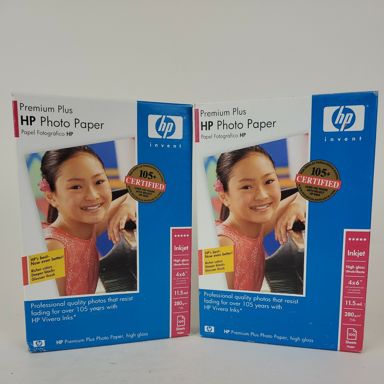 2 x HP Premium Plus Photo Paper 100 Sheets High Gloss 4x6 perforated tab Inkjet