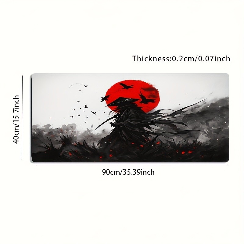1 Large Gaming Mouse Pad with Ink Wash Red Moon Crow Samurai Japanese Dark Sty