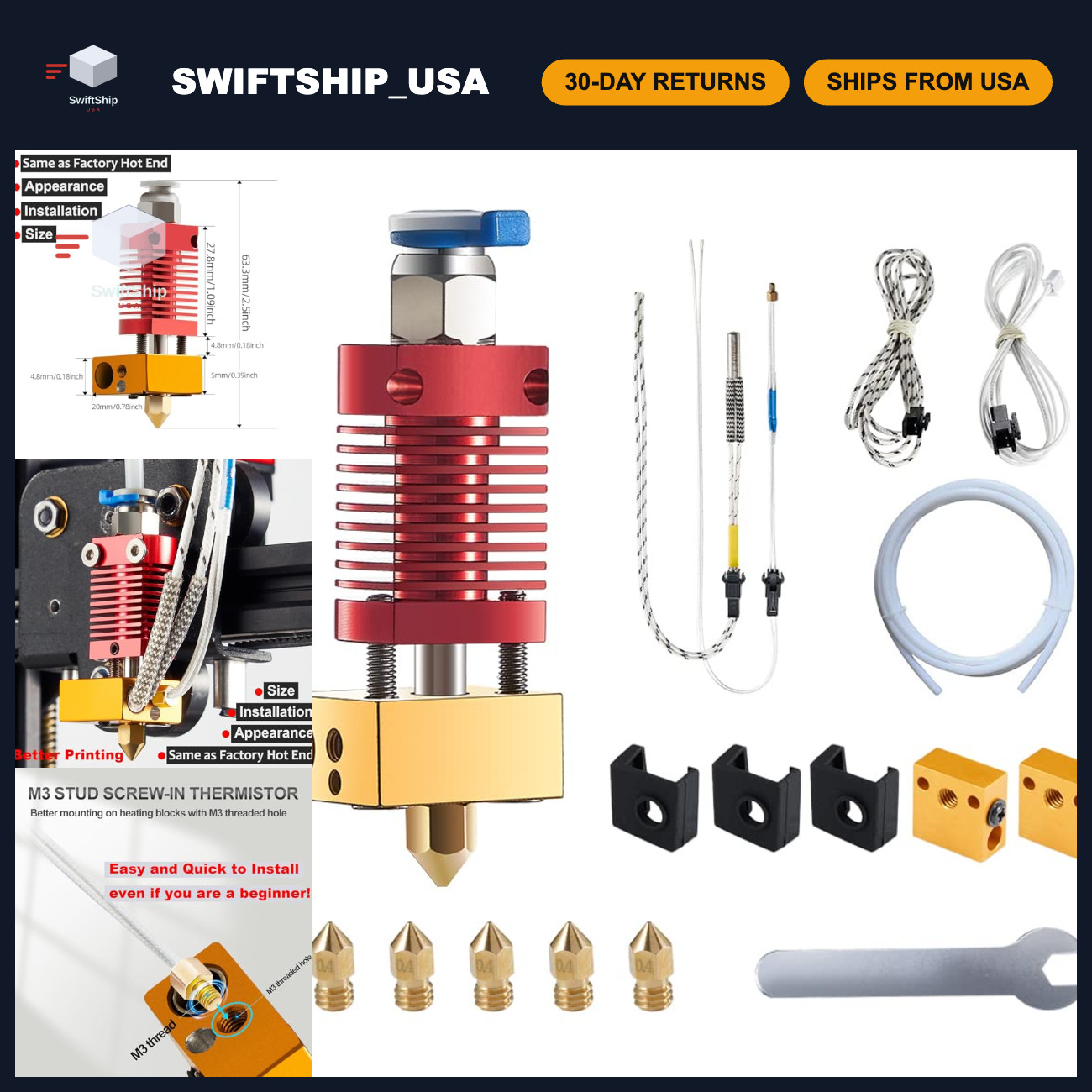 Upgrade Hotend for Ender 3 V2/Pro - M3 Stud Thermistor, 5Aplusreprap Compatible
