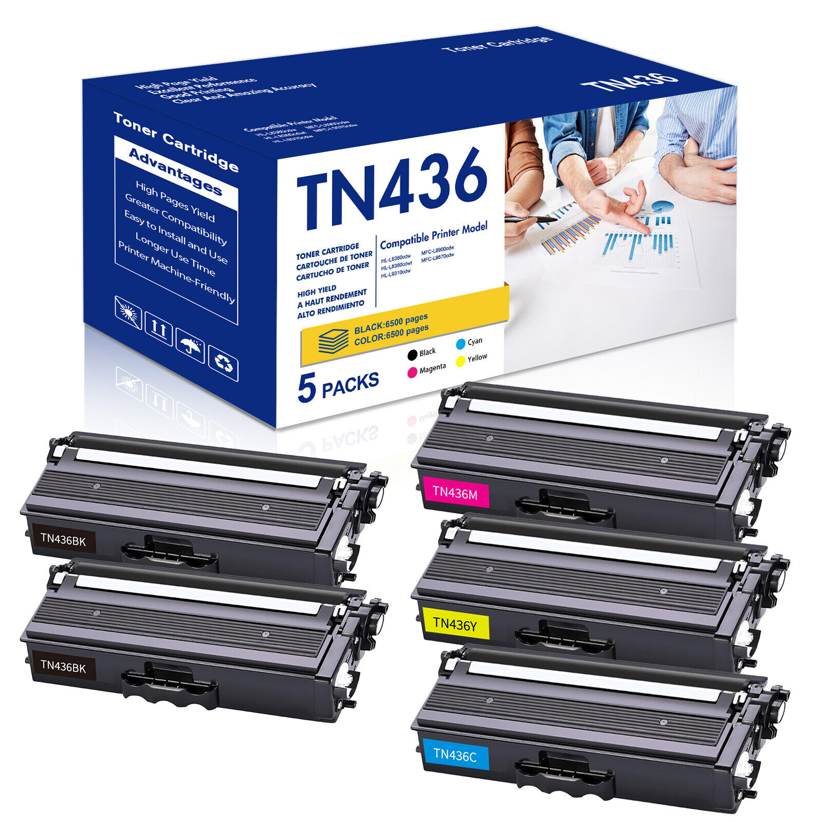 5Pc TN436 Black Color Toner Cartridge for Brother 433 MFC-L9570CDW DCP-L8410CDW