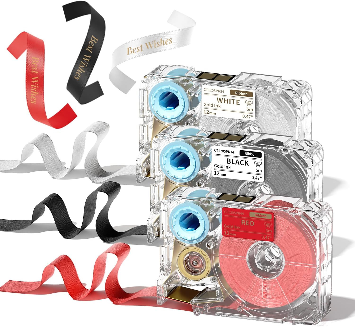 A30 P15 Satin Ribbon Label Gold Print on White Black Red for Gift Wrapping
