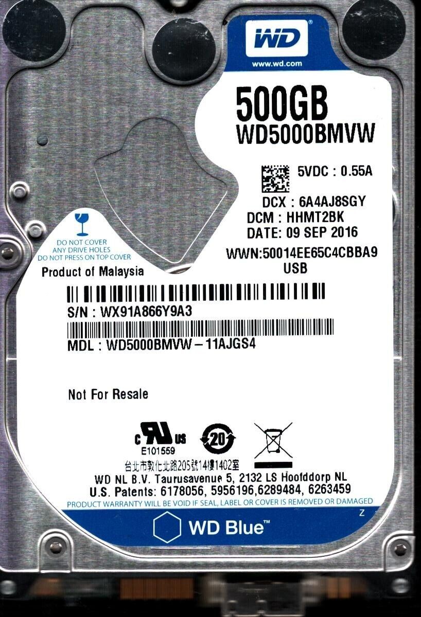 WD5000BMVW-11AJGS4 S/N:WX91A DCM:HHMT2BK WESTERN DIGITAL 500GB MALAYSIA SEP 2016