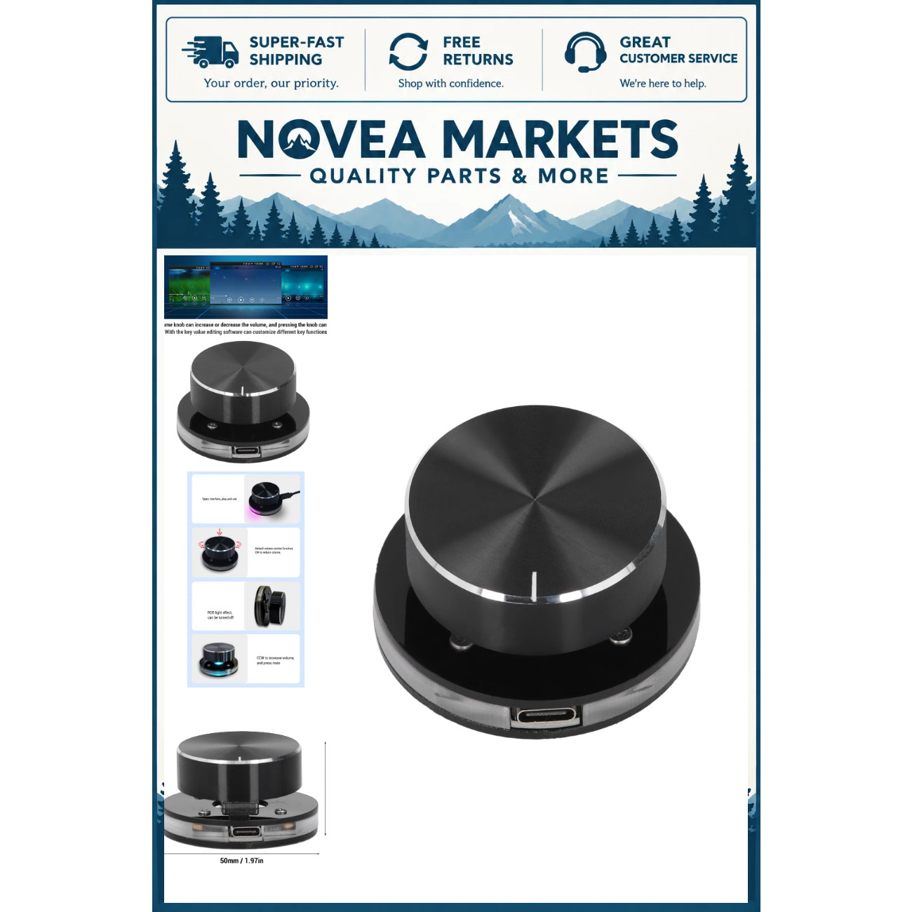 USB Volume Control Knob - One-Touch Mute Audio Controller, RGB Light, Type-C Plu