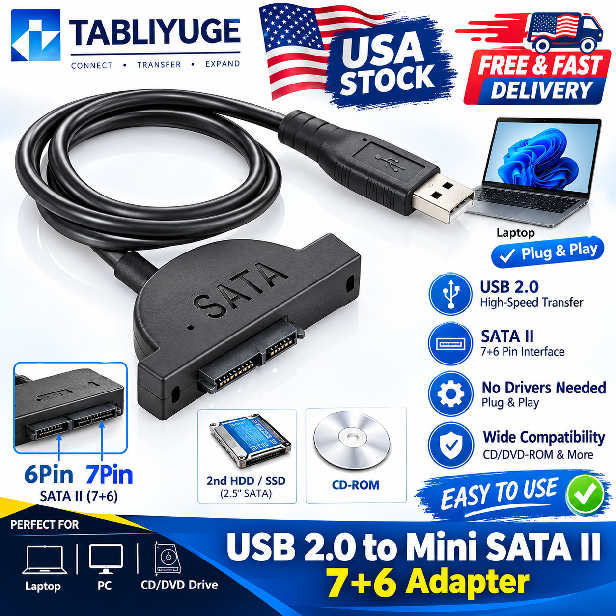 SATA Slimline to USB 2.0 Adapter Cable for Laptop CD DVD Rom Drive 7+6 13Pin