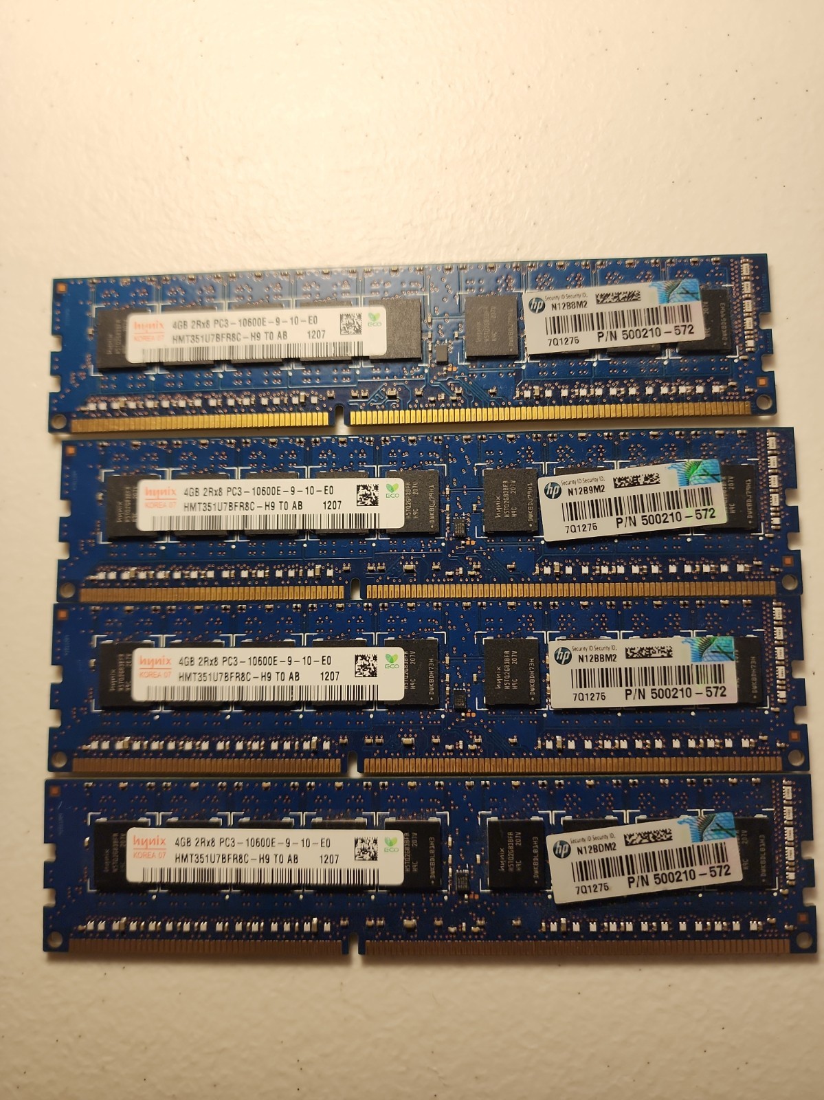 Lot of 4 Hynix 4GB (16GB) 2Rx8 PC3-10600E HMT351U7BFR8C-H9 Server RAM