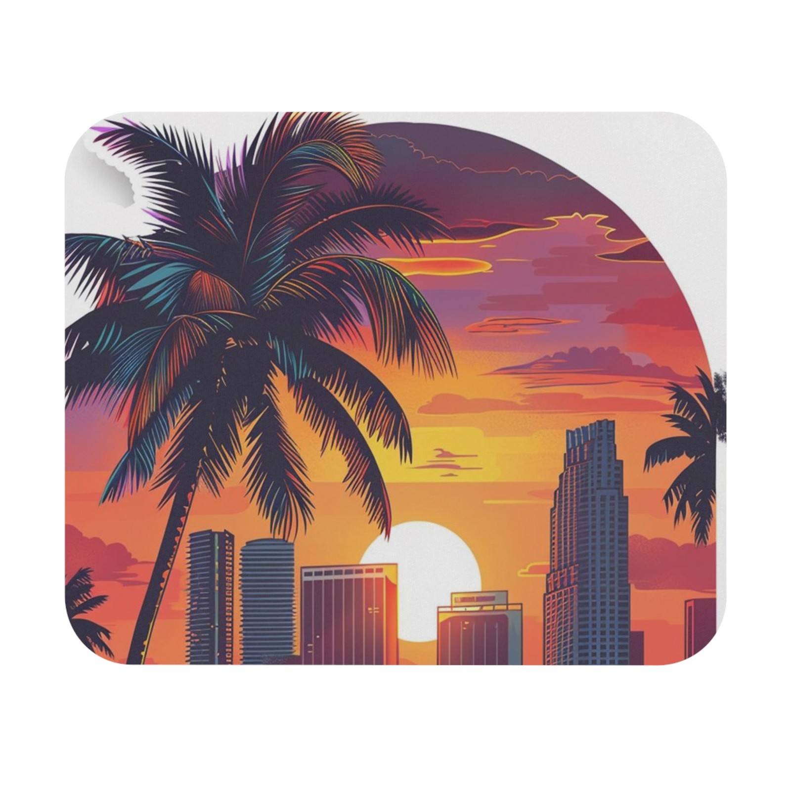 Tropical Sunset Mouse Pad | Palm Trees, City Skyline