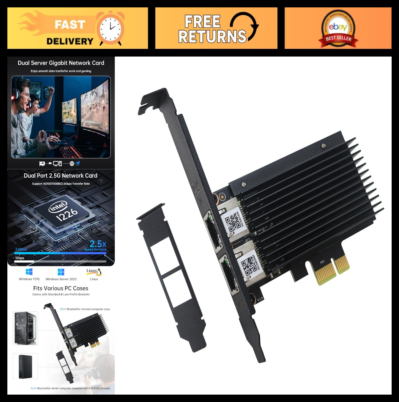 Dual Port 2.5GBase-T Network Card PCIe Ethernet Adapter NIC RJ45 for Windows 10/