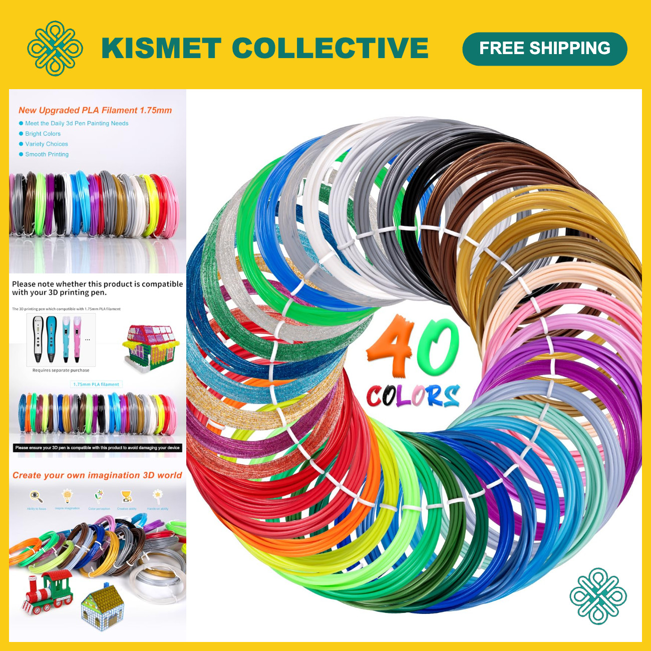 40 Colors PLA 3D Pen Filament Refills for Most 1.75mm 3D Printing Pens