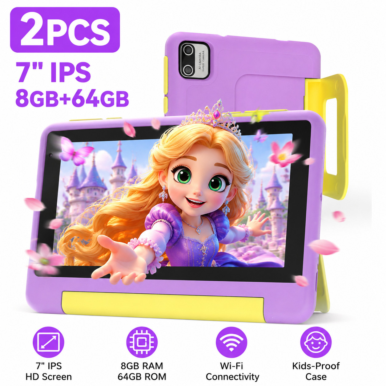 2PCS AEEZO Kids Tablet 7 inch IPS 8+64GB Octa-Core Wifi Dual Camera Android 13