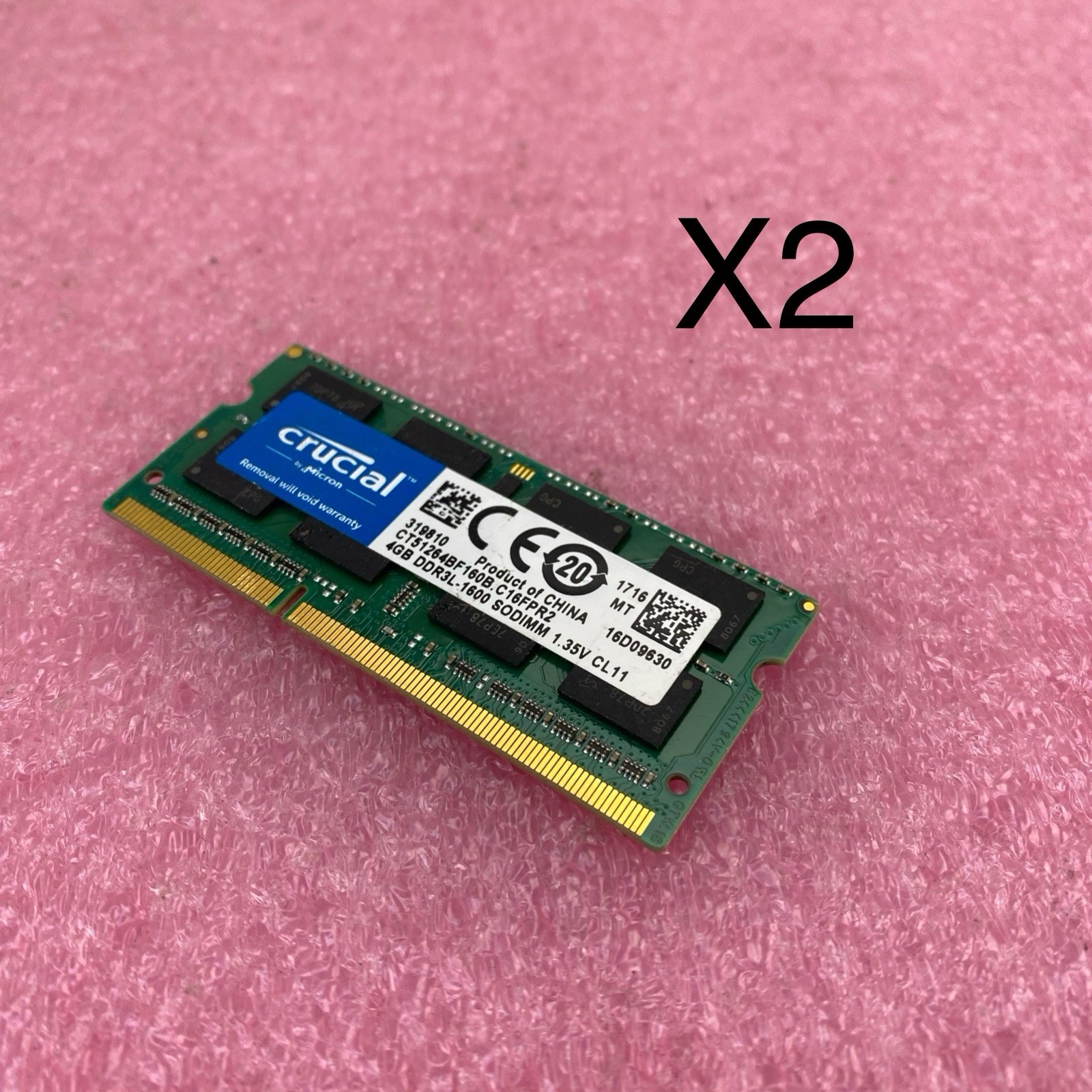 Crucial 4GB DDR3L-1600 Laptop Memory Ram CT51264BF160B.C16FPR2 - Lot of 2