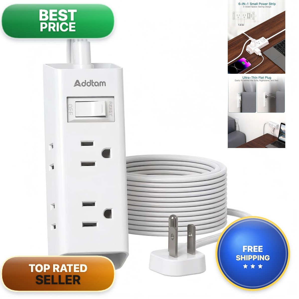 Addtam Flat Plug Power Strip 6 Outlet Extender 15 Ft Extension Cord Flat Wall