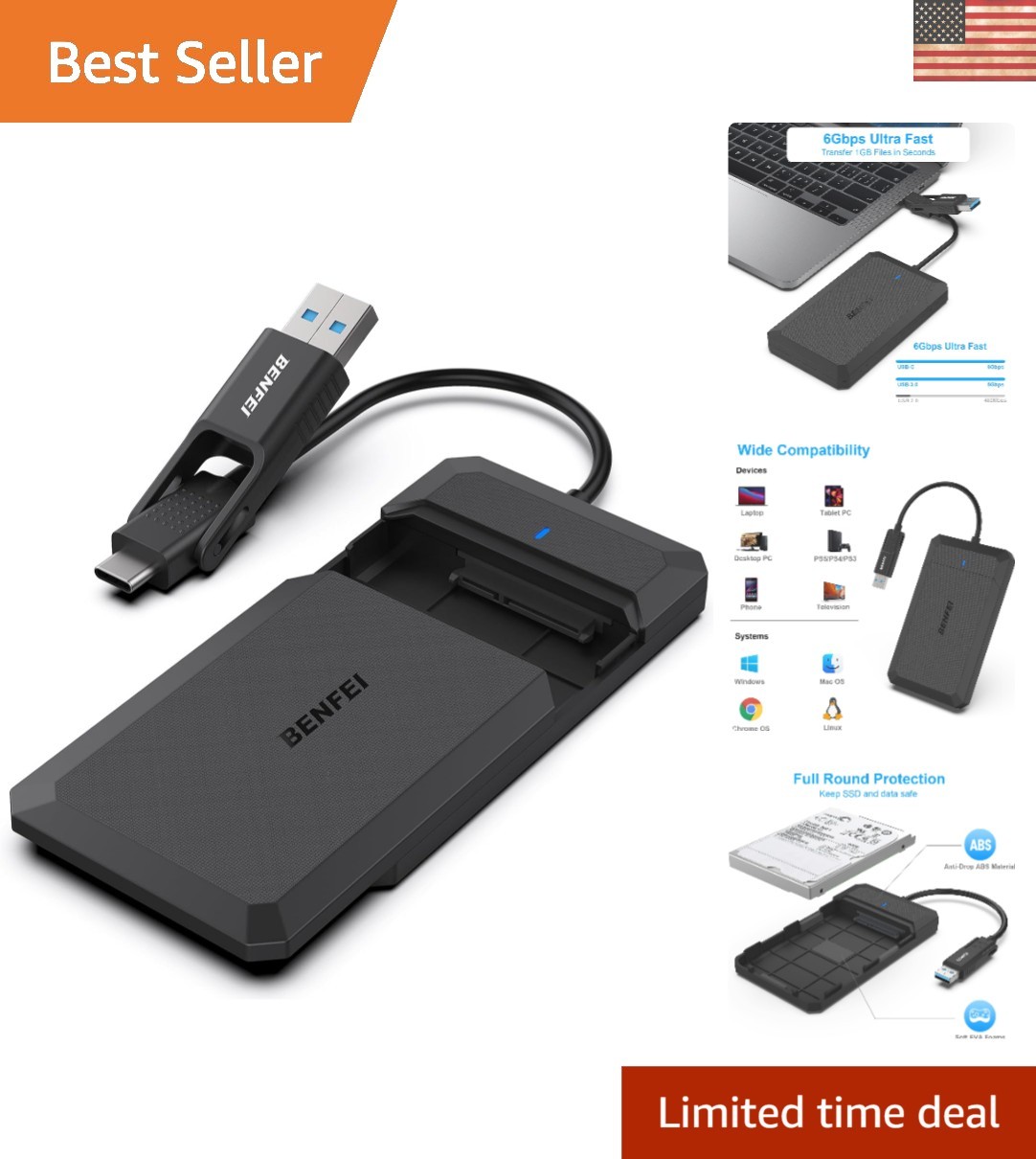 Compact 2.5 Inch SATA to USB Hard Drive Enclosure – 5 Gbps Speed & Compatibility