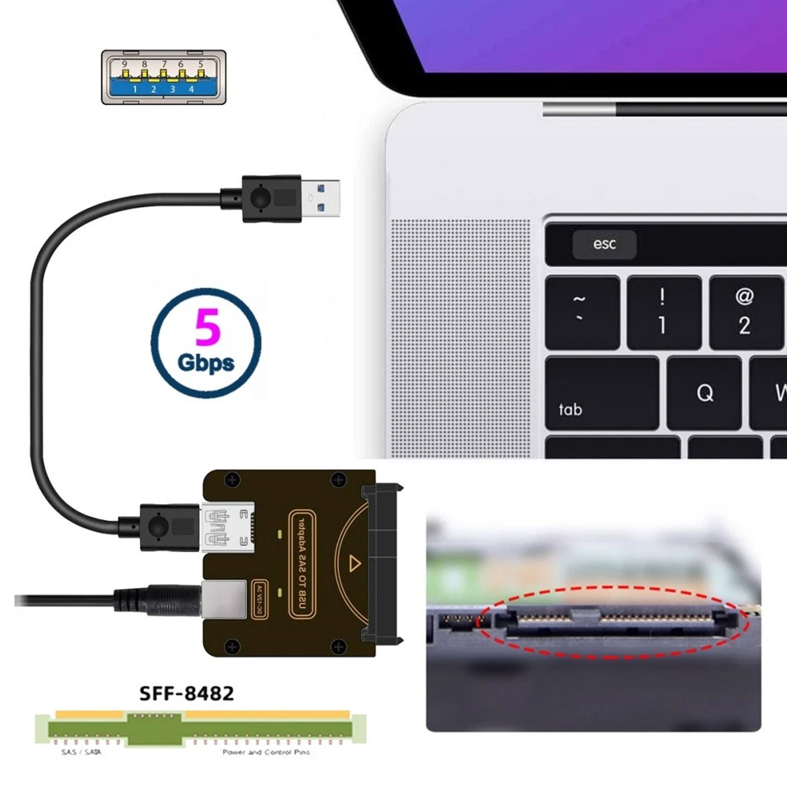 USB 3.0 to SAS Adapter for SFF-8482 SAS Hard Disks to USB 3.0 Converter Adapter