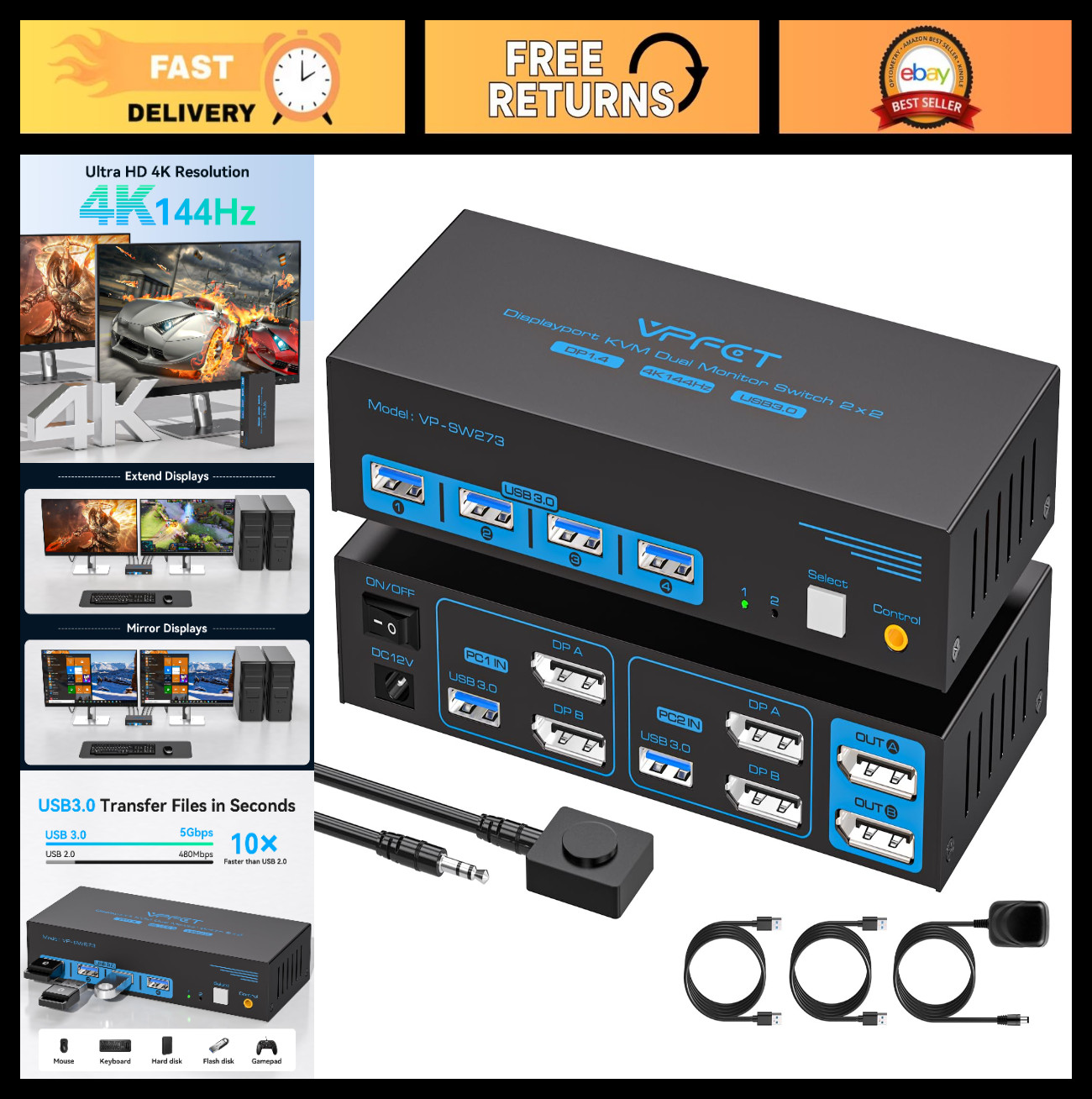 4K 144Hz KVM Switch for Dual Monitors, 2 PCs, USB 3.0, 8K Support, Desktop Contr